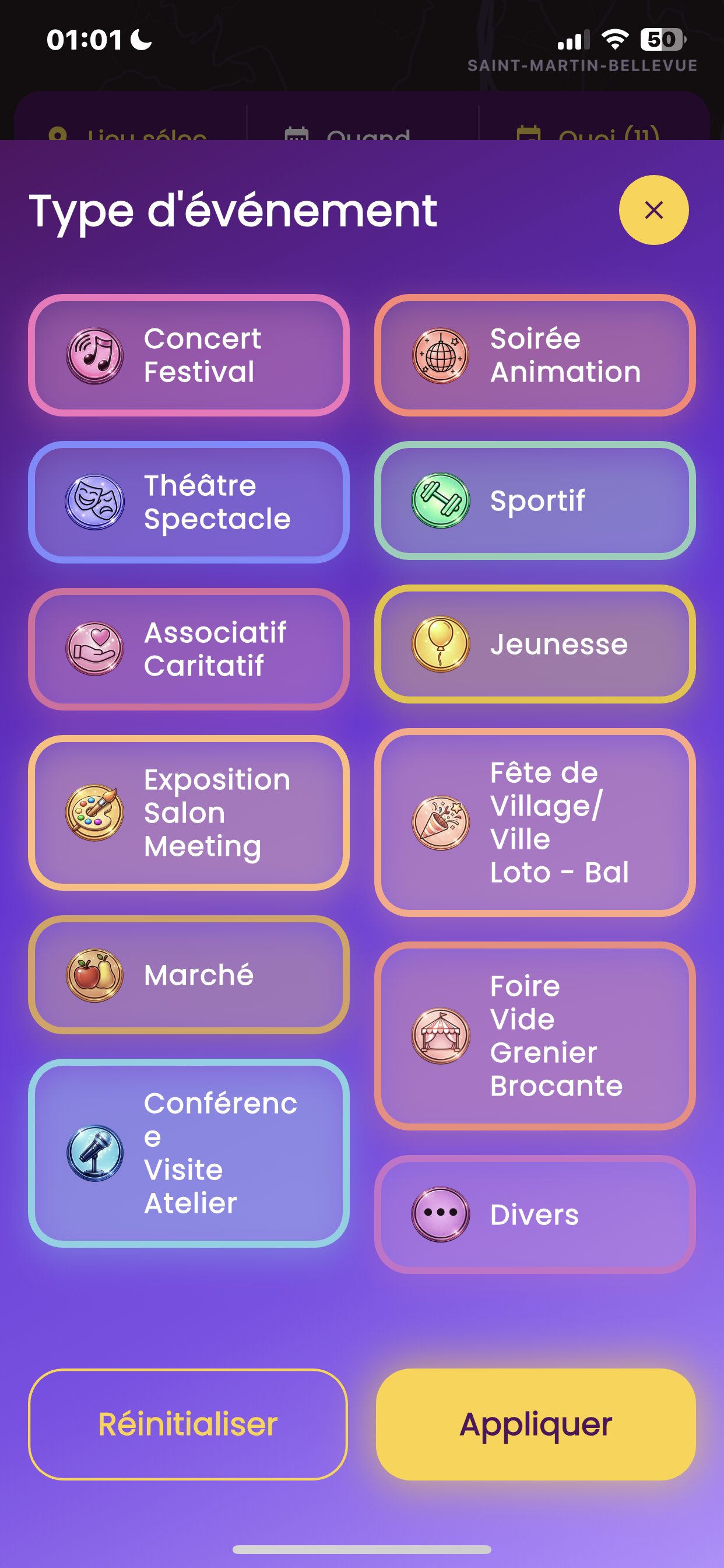 Filtres par type d'événement