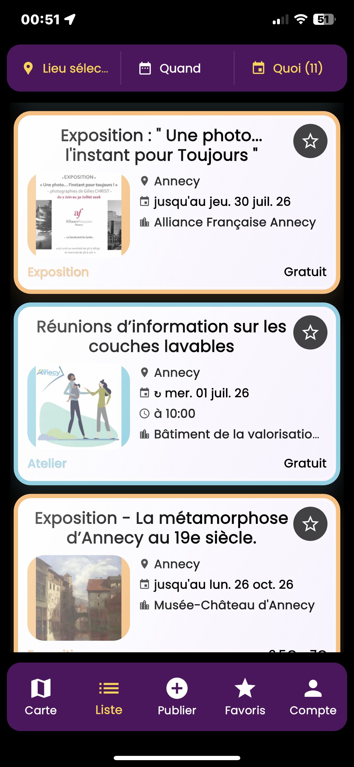 Vue liste des événements